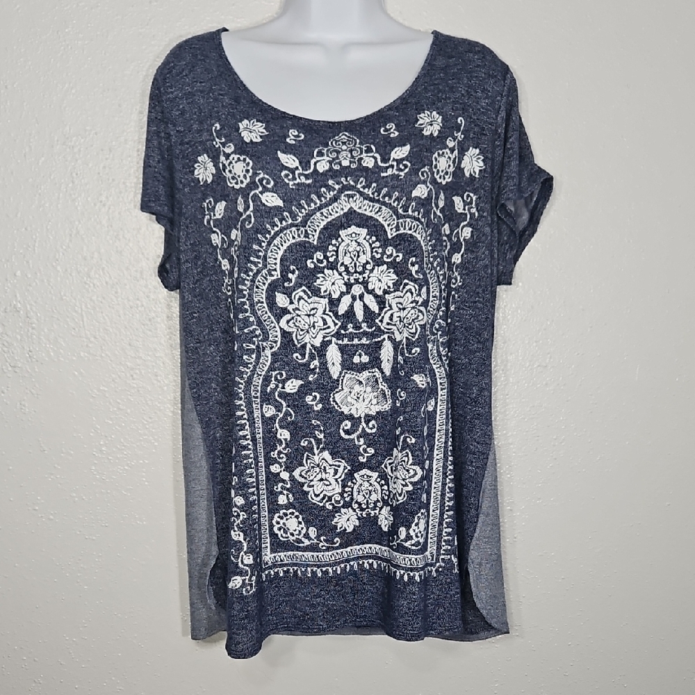 Style & Co Heather Navy Blue with White Paint floral design Top XL